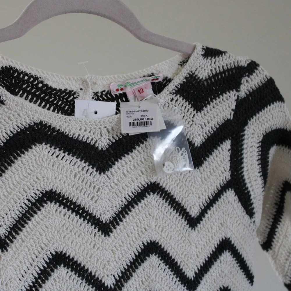 NWT Bonpoint Girl's Crochet Knit Pattern Dress Gray White Chevron 12‎